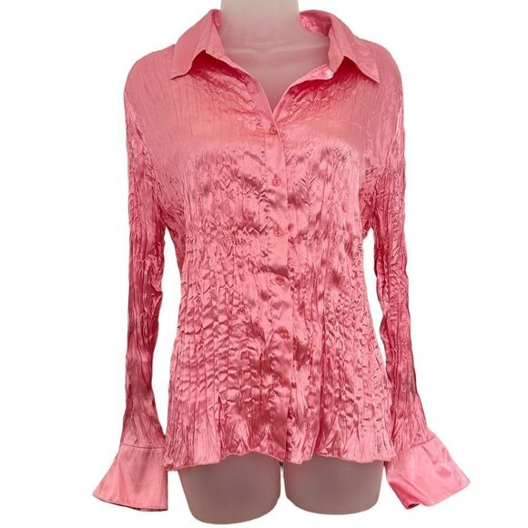 Y2K Satiny Barbiecore Pink Button Front Business Casual Blouse Top Shirt - Picture 1 of 4